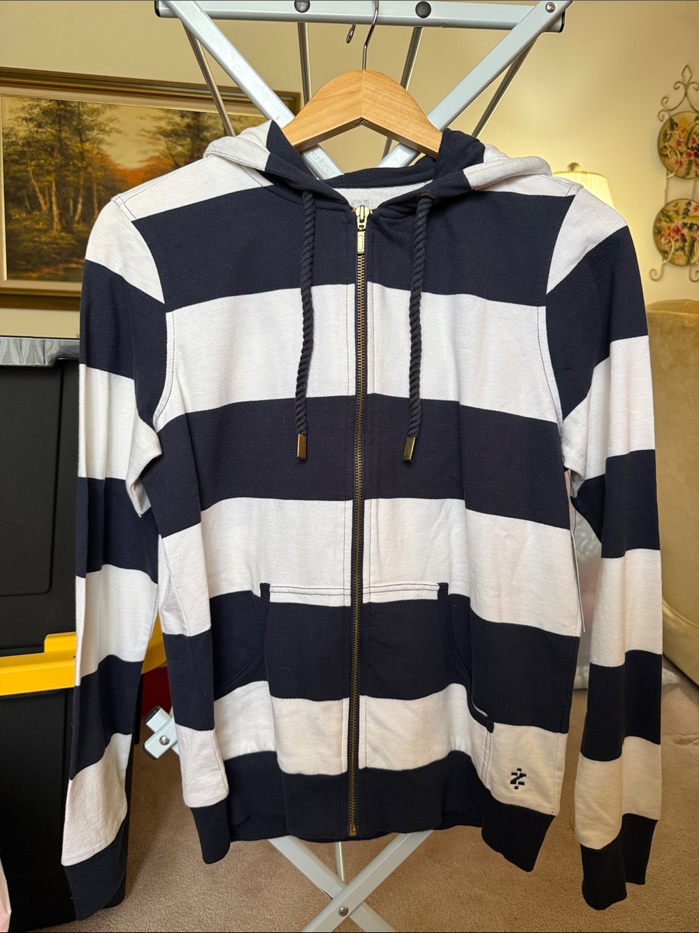 Striped Navy and White Zip-Up Hoodie Sweater - IZOD